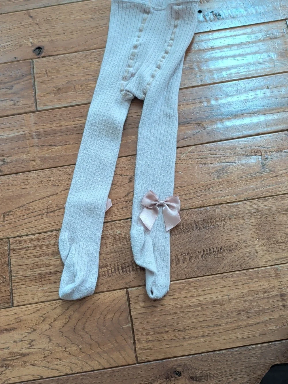 Petit Maison Kids Tan Light Pink Ribbed Kids Tights with Pink Satin Bows